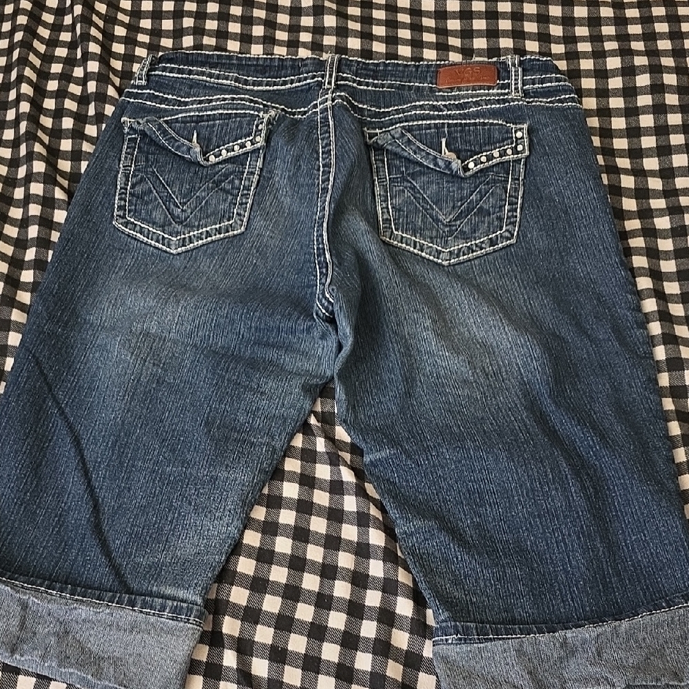 Blue Jean Capri Length Shorts with Rolled Hem and Distressed Look Size 14